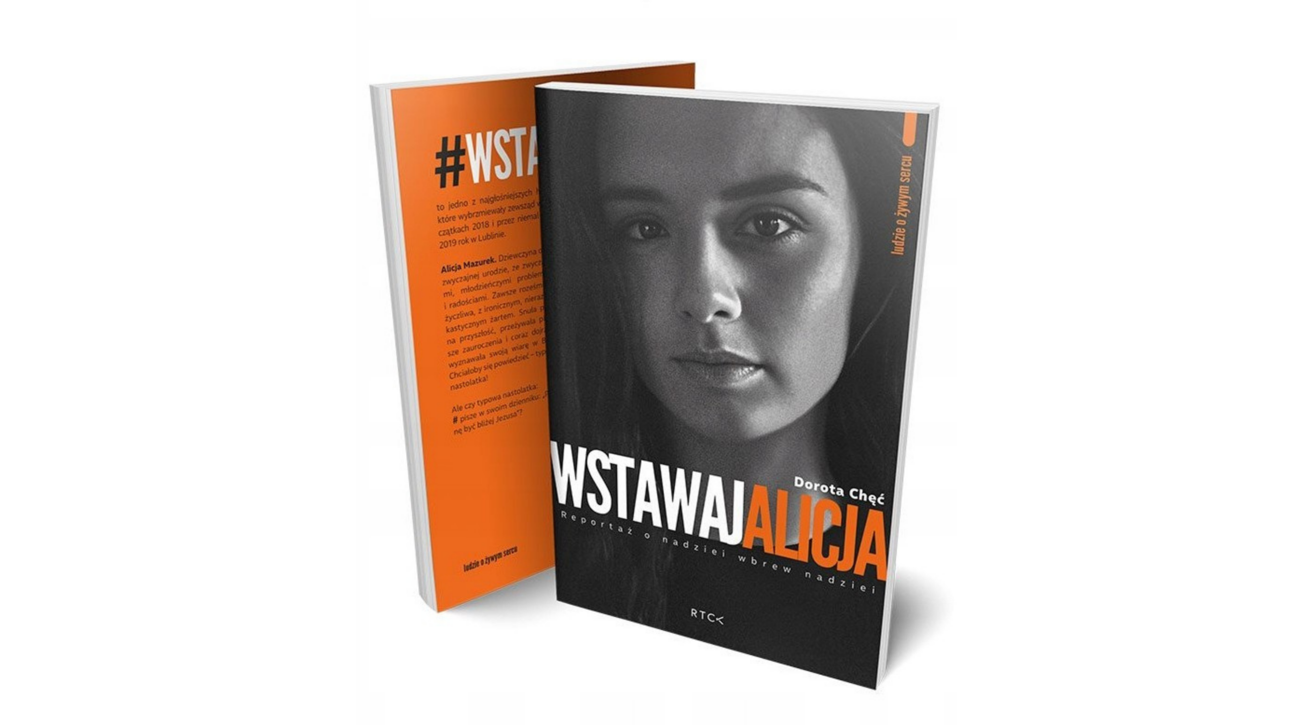 Okładka książki z twarzą Alicji oraz dużym tytułem "Wstawaj Alicja".